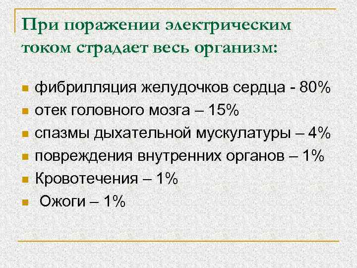При поражении электрическим током страдает весь организм: n n n фибрилляция желудочков сердца -