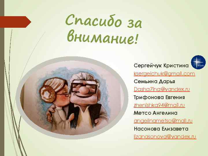 Спасибо за внимание! Сергейчук Кристина ksergeichuk@gmail. com Семьина Дарья Dasha 7 ina@yandex. ru Трифонова
