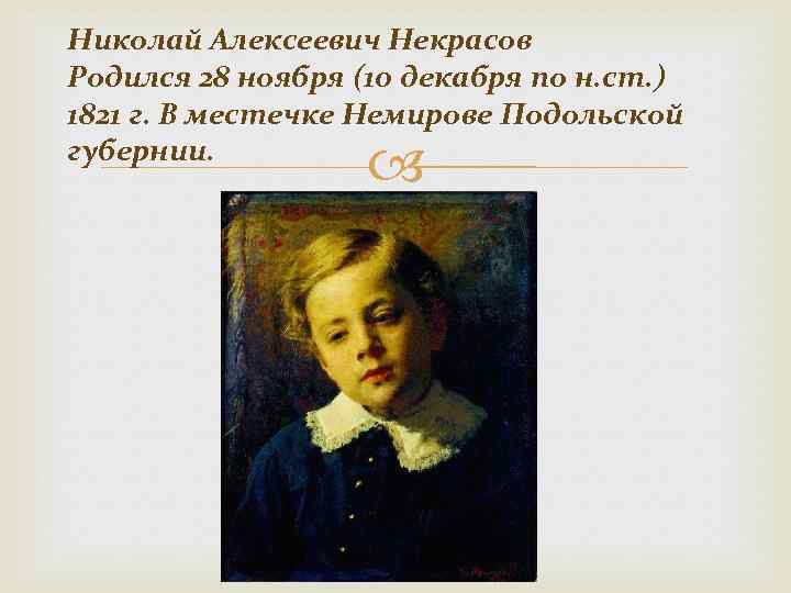 Николай Алексеевич Некрасов Родился 28 ноября (10 декабря по н. ст. ) 1821 г.