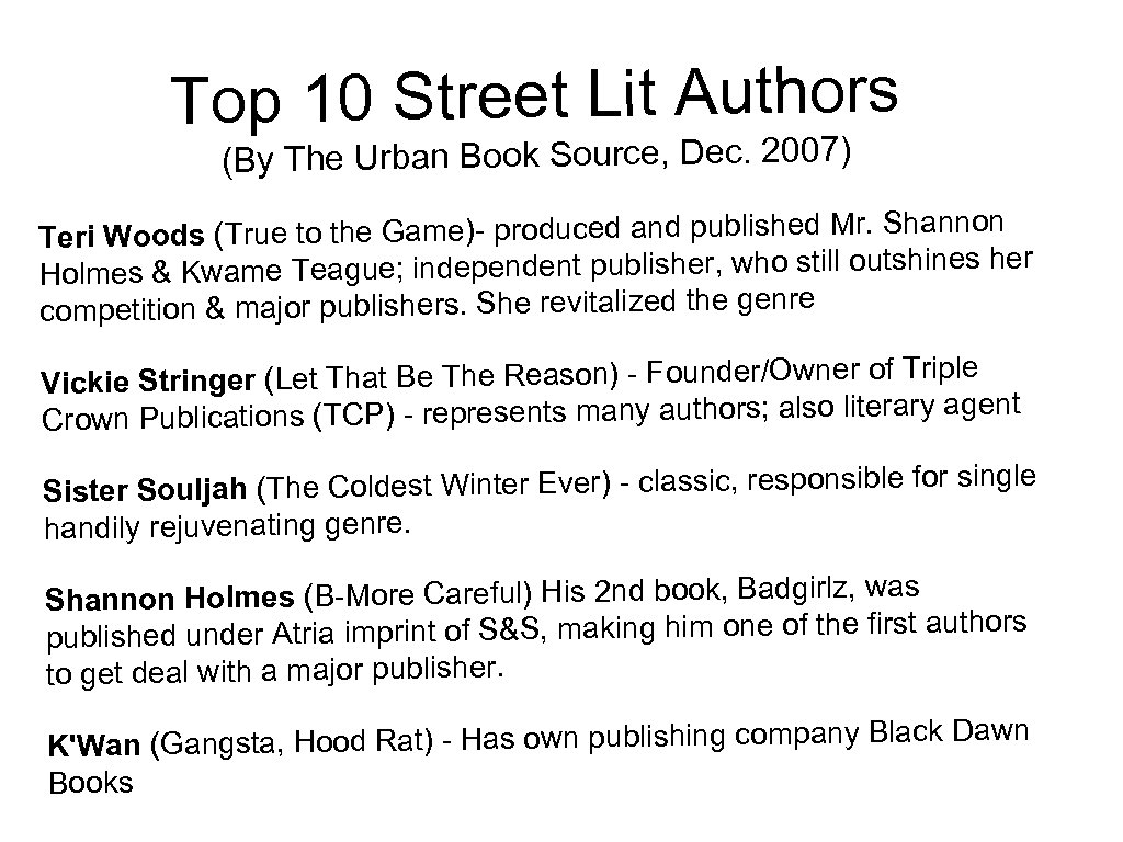 Top 10 Street Lit Authors (By The Urban Book Source, Dec. 2007) (True to
