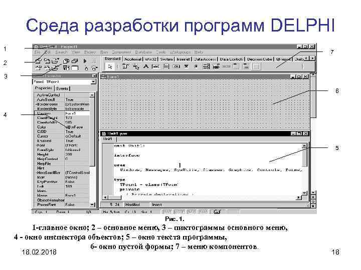 Среда разработки программ DELPHI 1 7 2 3 6 4 5 Рис. 1. 1