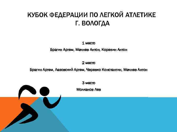 КУБОК ФЕДЕРАЦИИ ПО ЛЕГКОЙ АТЛЕТИКЕ Г. ВОЛОГДА 1 место Брагин Артем, Мачнев Антон, Корепин