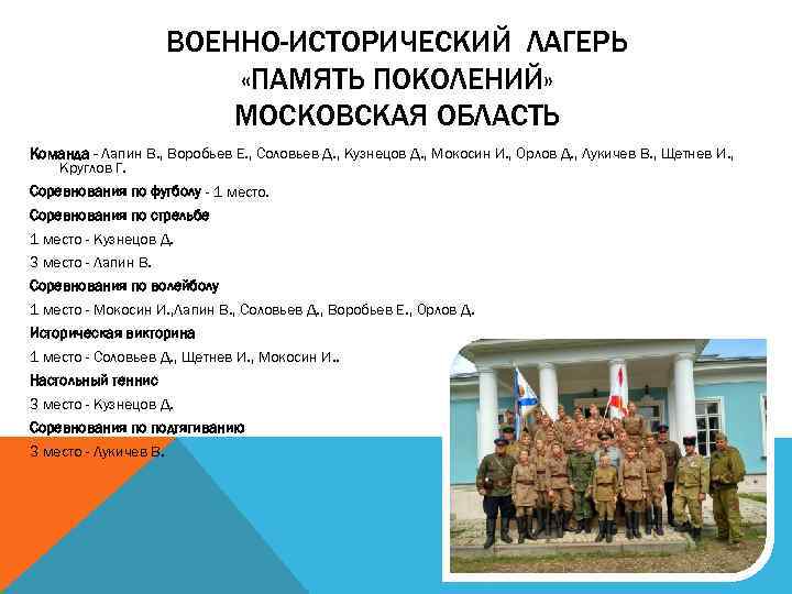 ВОЕННО-ИСТОРИЧЕСКИЙ ЛАГЕРЬ «ПАМЯТЬ ПОКОЛЕНИЙ» МОСКОВСКАЯ ОБЛАСТЬ Команда - Лапин В. , Воробьев Е. ,