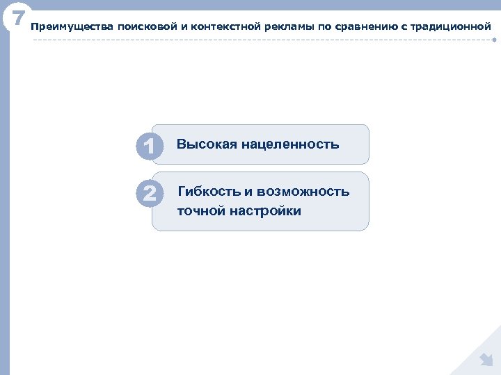 7 Преимущества поисковой и контекстной рекламы по сравнению с традиционной 1 Высокая нацеленность 2
