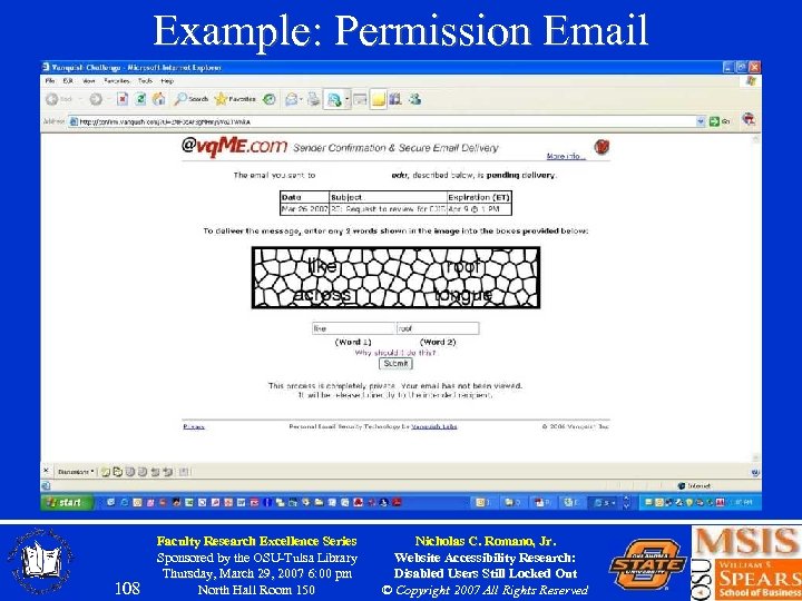 Example: Permission Email 108 Faculty Research Excellence Series Sponsored by the OSU-Tulsa Library Thursday,