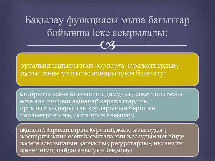 Бақылау функциясы мына бағыттар бойынша іске асырылады: орталықтандырылған қорларға қаражаттардың дұрыс және уақтылы аударылуын