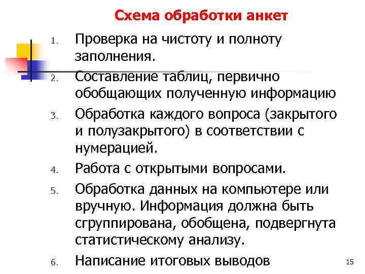 Схема обработки анкет 1. 2. 3. 4. 5. 6. Проверка на чистоту и полноту