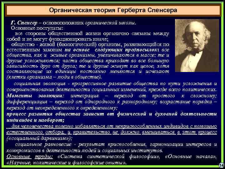 Органическая теория Герберта Спенсера Г. Спенсер – основоположник органической школы. Основные постулаты: все стороны