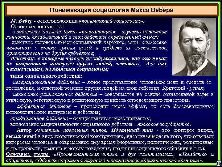 Понимающая социология Макса Вебера М. Вебер - основоположник «понимающей социологии» . Основные постулаты: социология