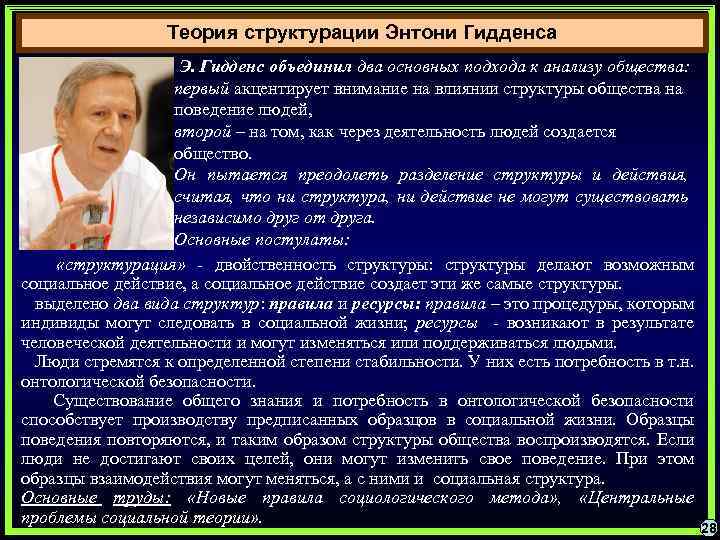 Теория структурации Энтони Гидденса Э. Гидденс объединил два основных подхода к анализу общества: первый