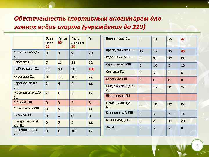 Обеспеченность спортивным инвентарем для зимних видов спорта (учреждения до 220) Боти нки 30 Лыжи