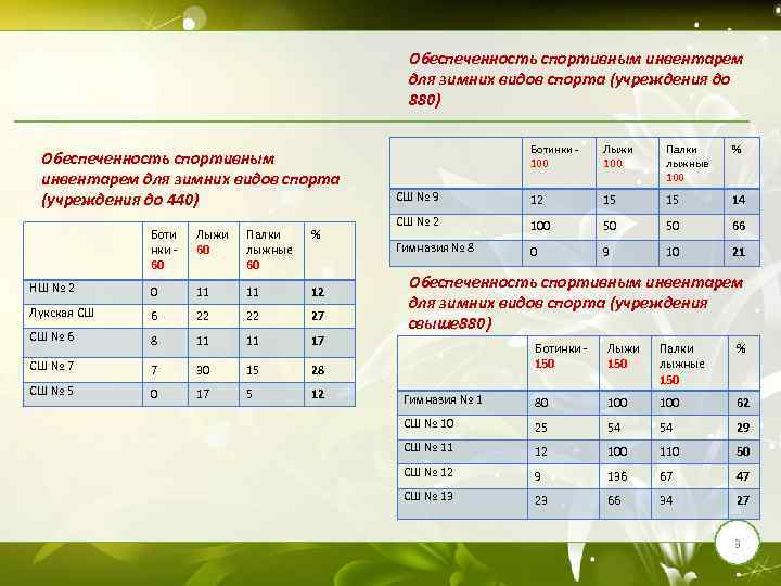 Обеспеченность спортивным инвентарем для зимних видов спорта (учреждения до 880) Обеспеченность спортивным инвентарем для