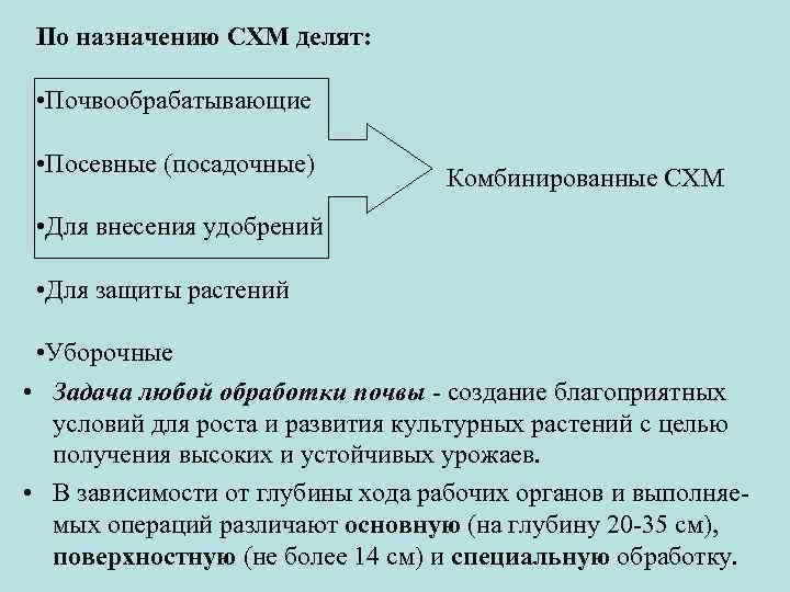 По назначению СХМ делят: • Почвообрабатывающие • Посевные (посадочные) Комбинированные СХМ • Для внесения