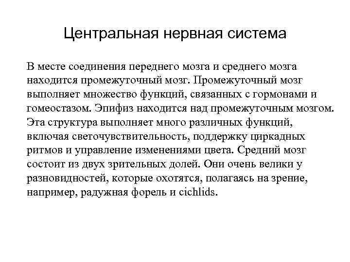 Центральная нервная система В месте соединения переднего мозга и среднего мозга находится промежуточный мозг.