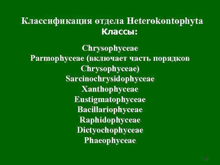 Классификация отдела Heterokontophyta Классы: Chrysophyceae Parmophyceae (включает часть порядков Chrysophyceae) Sarcinochrysidophyceae Xanthophyceae Eustigmatophyceae Bacillariophyceae