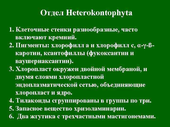 Отдел Heterokontophyta 1. Клеточные стенки разнообразные, часто включают кремний. 2. Пигменты: хлорофилл а и