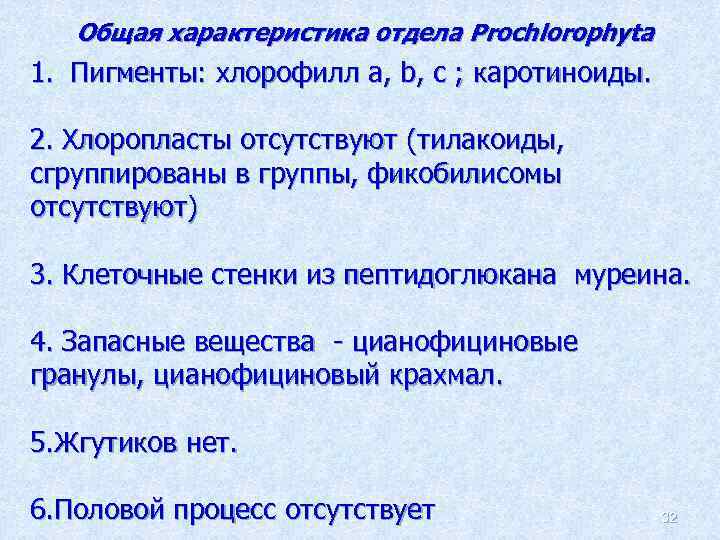 Общая характеристика отдела Prochlorophyta 1. Пигменты: хлорофилл а, b, с ; каротиноиды. 2. Хлоропласты