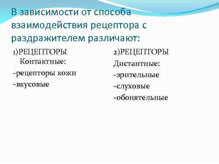 В зависимости от способа взаимодействия рецептора с раздражителем различают: 1)РЕЦЕПТОРЫ Контактные: -рецепторы кожи -вкусовые