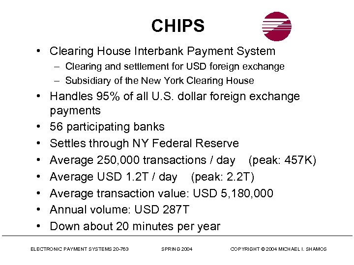 CHIPS • Clearing House Interbank Payment System – Clearing and settlement for USD foreign