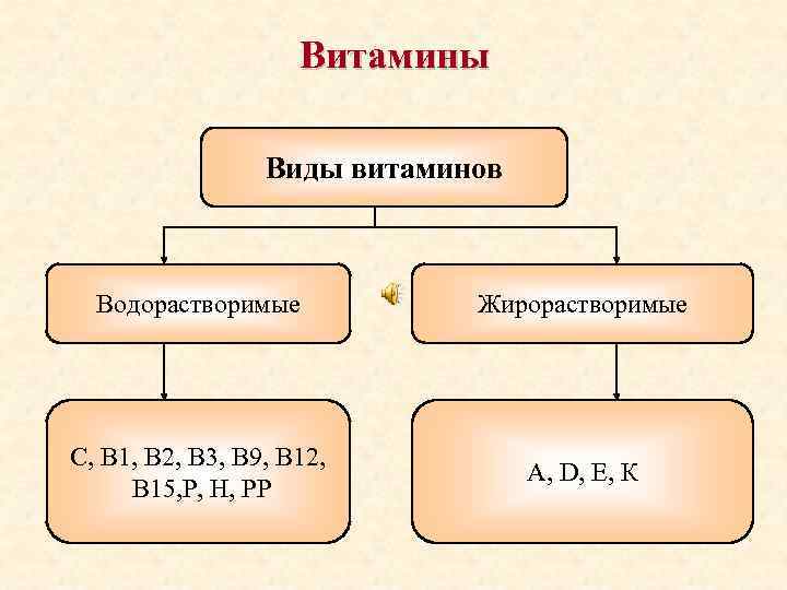 Витамины Виды витаминов Водорастворимые Жирорастворимые С, В 1, В 2, В 3, В 9,