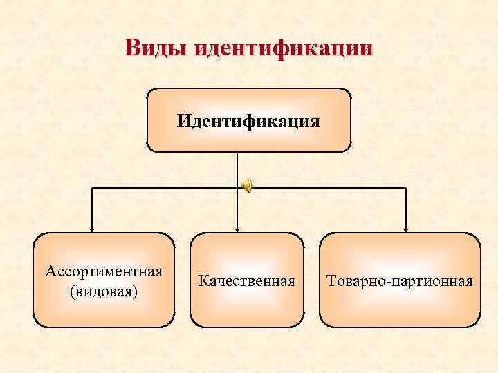 Виды идентификации Идентификация Ассортиментная (видовая) Качественная Товарно-партионная 