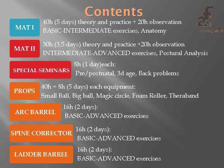 Contents MAT I 40 h (5 days) theory and practice + 20 h observation