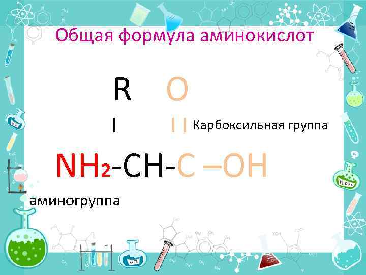 Общая формула аминокислот R O | | | Карбоксильная группа NH 2 -CH-C –OH