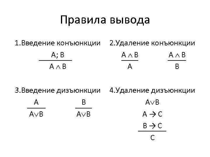 Правила вывода 1. Введение конъюнкции А; В А В 2. Удаление конъюнкции А В