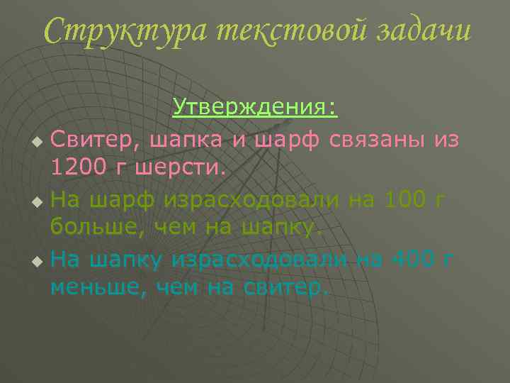 Структура текстовой задачи Утверждения: u Свитер, шапка и шарф связаны из 1200 г шерсти.