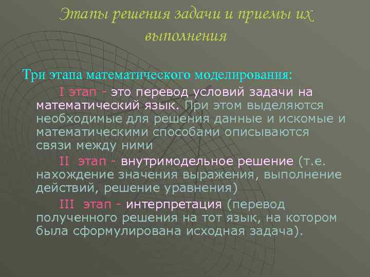 Этапы решения задачи и приемы их выполнения Три этапа математического моделирования: I этап это