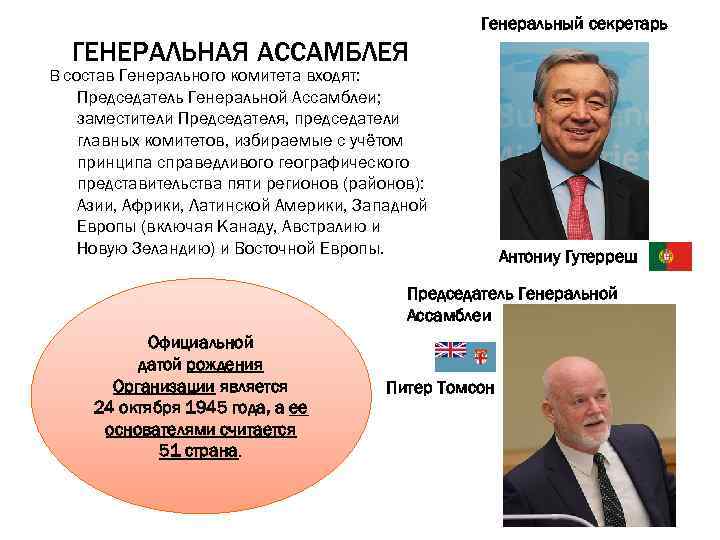 Генеральный секретарь ГЕНЕРАЛЬНАЯ АССАМБЛЕЯ В состав Генерального комитета входят: Председатель Генеральной Ассамблеи; заместители Председателя,