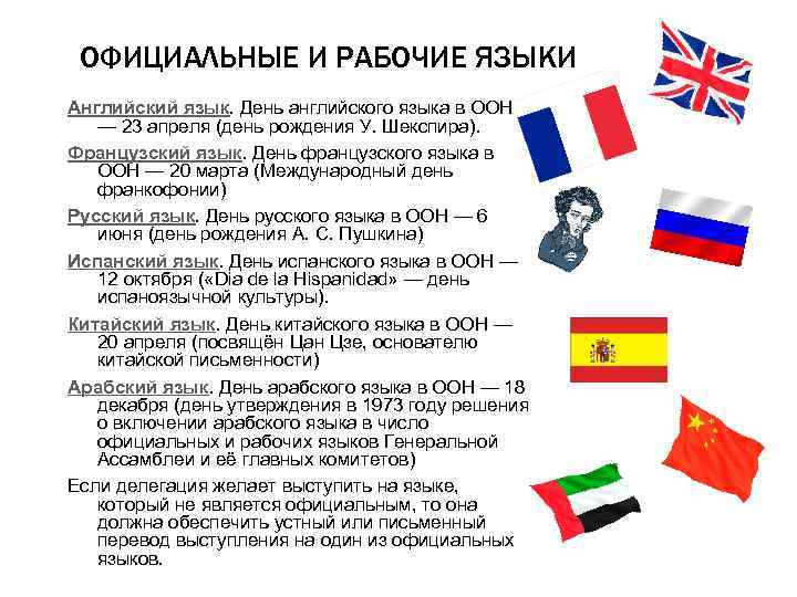 ОФИЦИАЛЬНЫЕ И РАБОЧИЕ ЯЗЫКИ Английский язык. День английского языка в ООН — 23 апреля