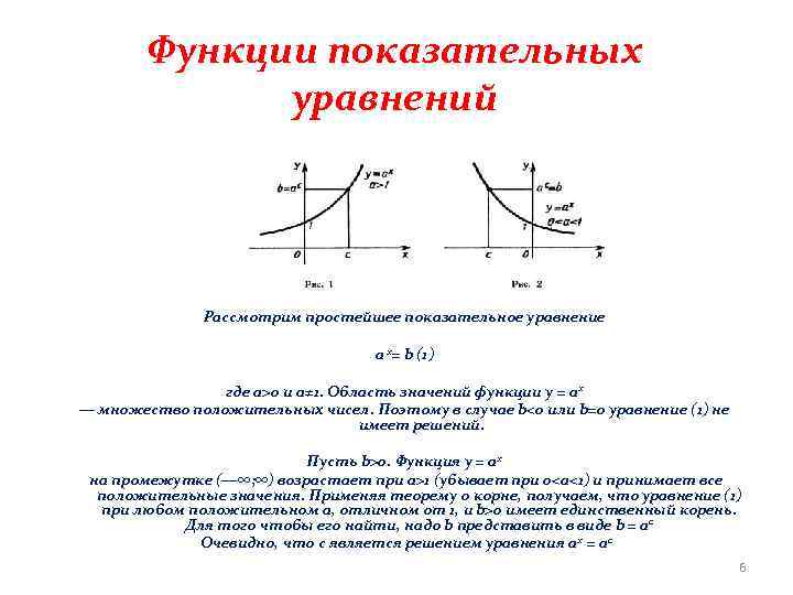 Функции показательных уравнений Рассмотрим простейшее показательное уравнение а x= b (1) где а>0 и