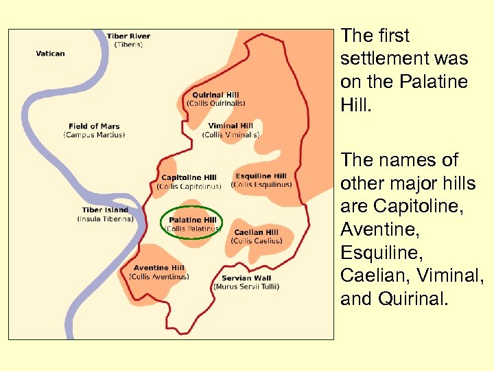  • The first settlement was on the Palatine Hill. • The names of