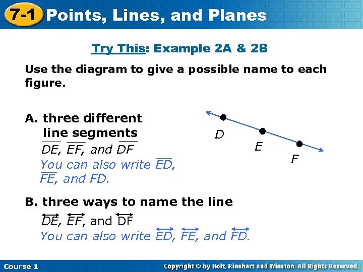 7 -1 Points, Lines, and Planes Try This: Example 2 A & 2 B