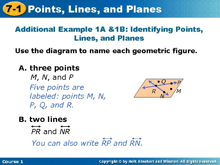 7 -1 Points, Lines, and Planes Additional Example 1 A &1 B: Identifying Points,