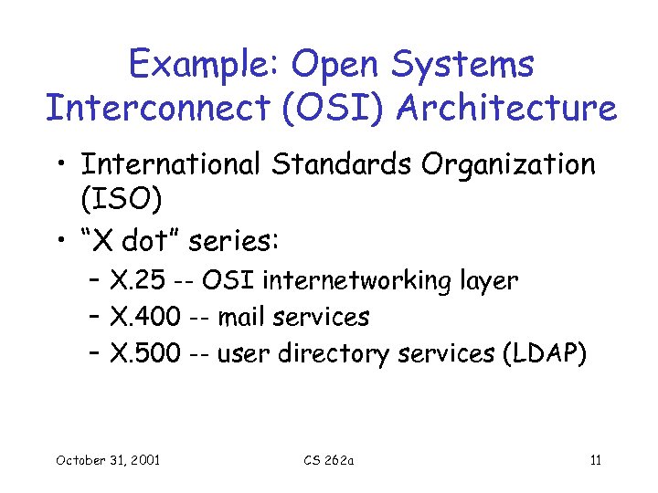 Example: Open Systems Interconnect (OSI) Architecture • International Standards Organization (ISO) • “X dot”