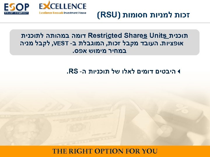  זכות למניות חסומות ) (RSU תוכנית Restricted Shares Units דומה במהותה לתוכנית אופציות.