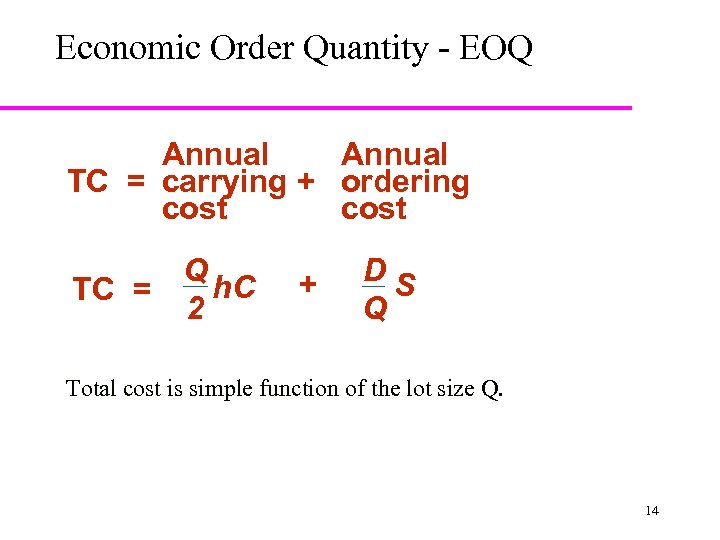 Economic Order Quantity - EOQ Annual TC = carrying + ordering cost Q h.