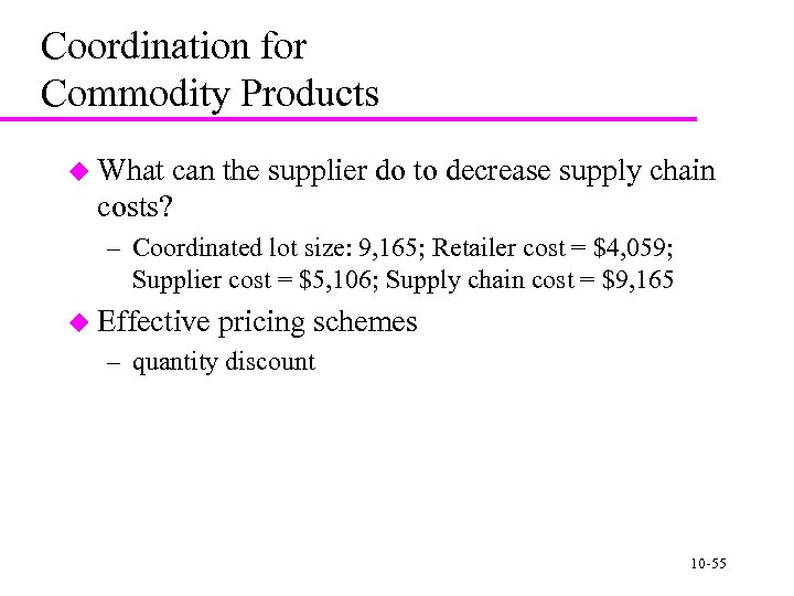 Coordination for Commodity Products u What can the supplier do to decrease supply chain