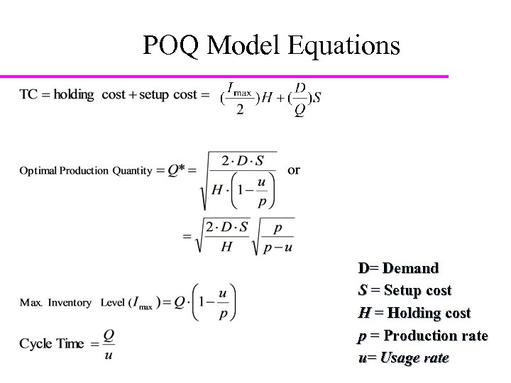 POQ Model Equations D= Demand S = Setup cost H = Holding cost p