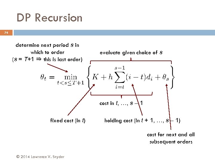 DP Recursion 74 determine next period s in which to order (s = T+1