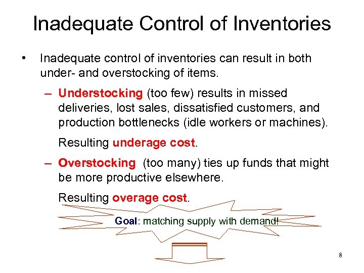 Inadequate Control of Inventories • Inadequate control of inventories can result in both under-