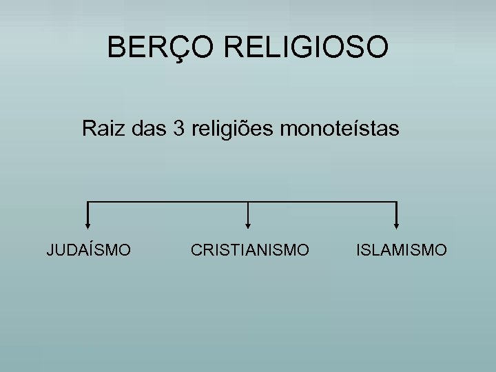 BERÇO RELIGIOSO Raiz das 3 religiões monoteístas JUDAÍSMO CRISTIANISMO ISLAMISMO 
