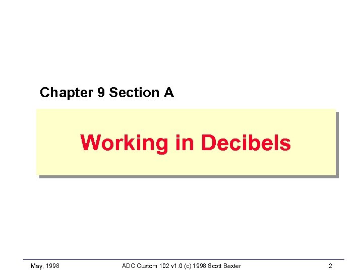 Chapter 9 Section A Working in Decibels May, 1998 ADC Custom 102 v 1.