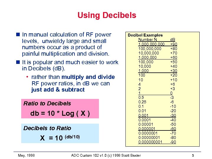 Using Decibels n In manual calculation of RF power levels, unwieldy large and small