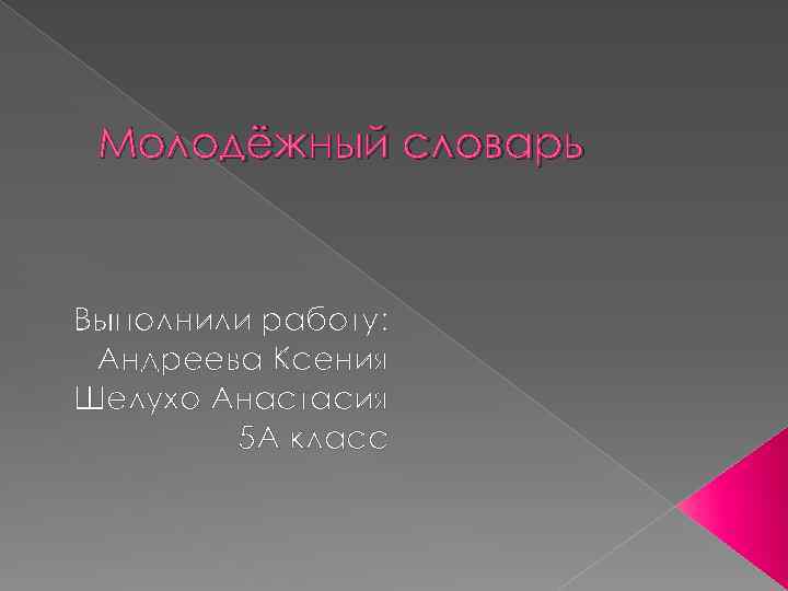 Молодёжный словарь Выполнили работу: Андреева Ксения Шелухо Анастасия 5 А класс 