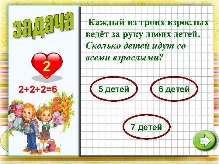 2 2+2+2=6 Каждый из троих взрослых ведёт за руку двоих детей. Сколько детей идут