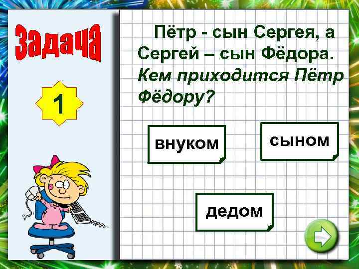 1 Пётр - сын Сергея, а Сергей – сын Фёдора. Кем приходится Пётр Фёдору?