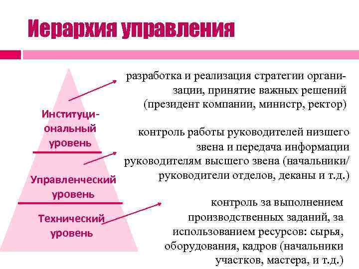 Иерархия управления Институциональный уровень разработка и реализация стратегии организации, принятие важных решений (президент компании,